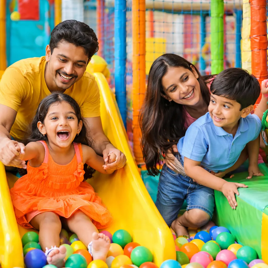 Happy family with children playing on a yellow slide in a colorful ball pit at an indoor play venue